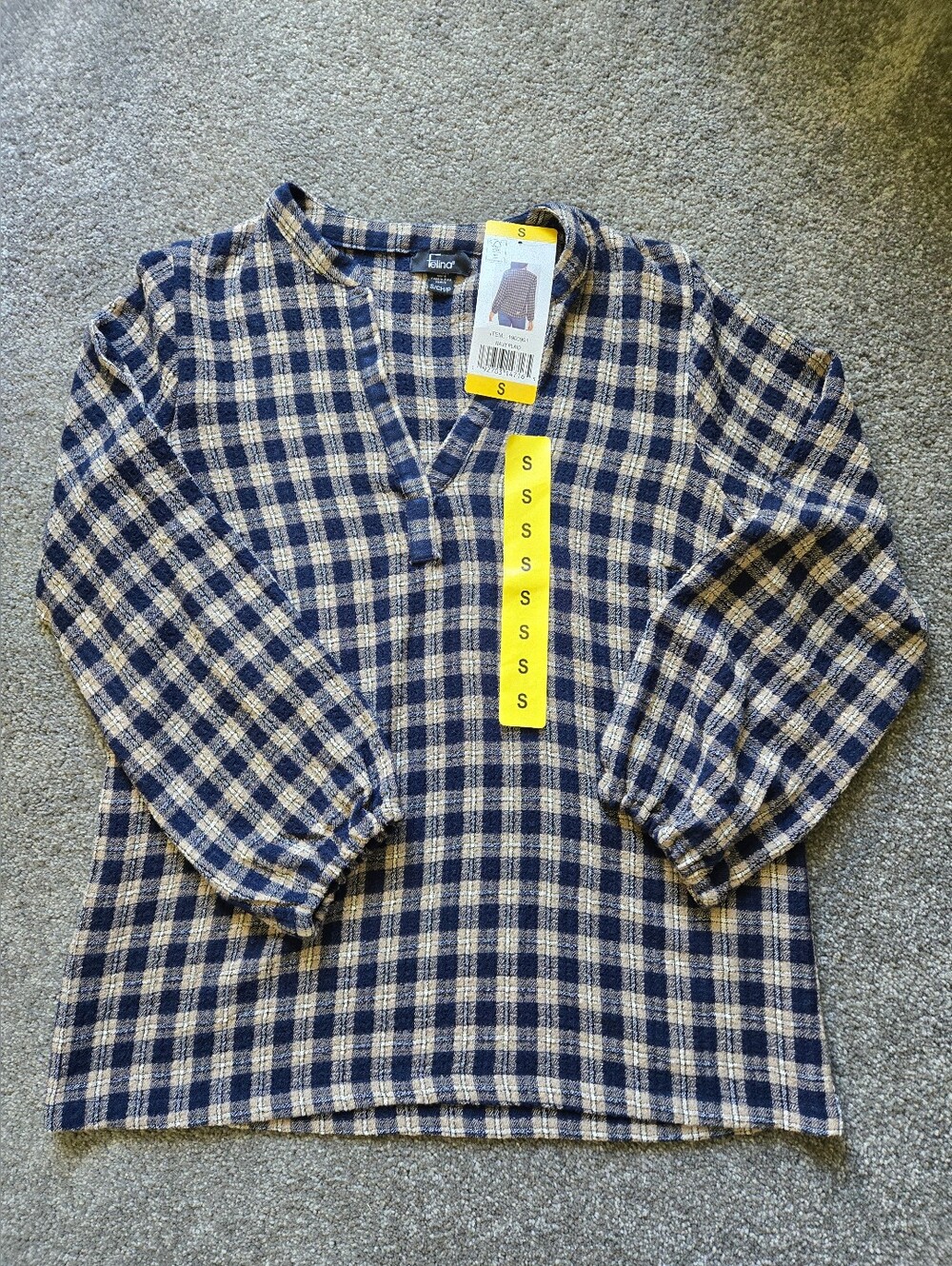 Felina Navy and Cream Checkered Blouse